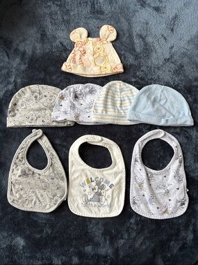 Disney Baby Neutral Mickey & Friends Hat and Bib Set - Blue, Cream, Gray, Beige